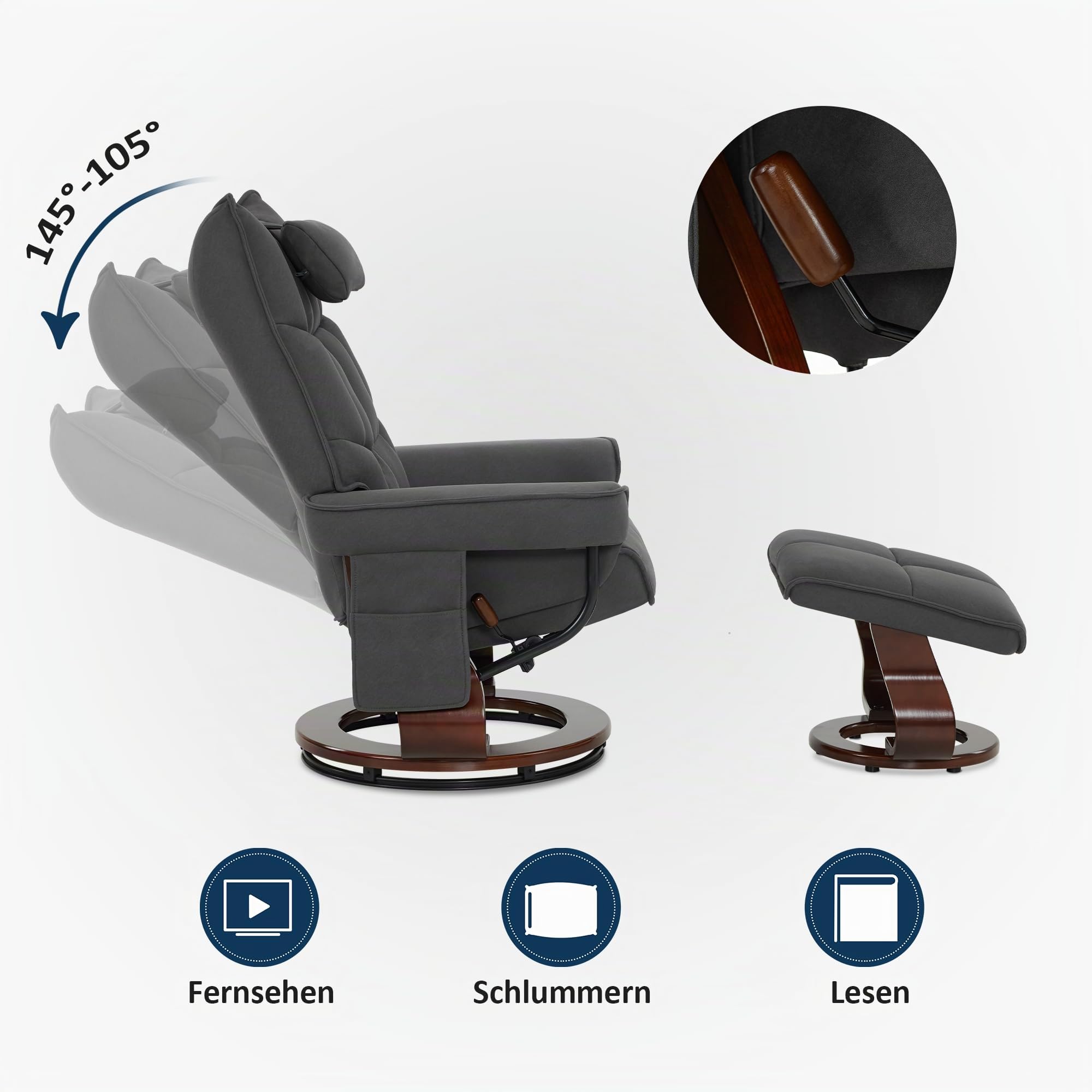 M MCombo Poltrona relax con sgabello, sedia per TV girevole con funzione reclinabile, moderna per soggiorno, con cuscino e tasca laterale, 9076 (grigio scuro)