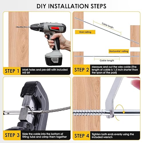 Miniatura 3 de Eyourlife Paquete de 60 herrajes para barandillas de cable, tornillos plateados de 18 pulgadas, rosca para zurdos y diestros para postes de madera,