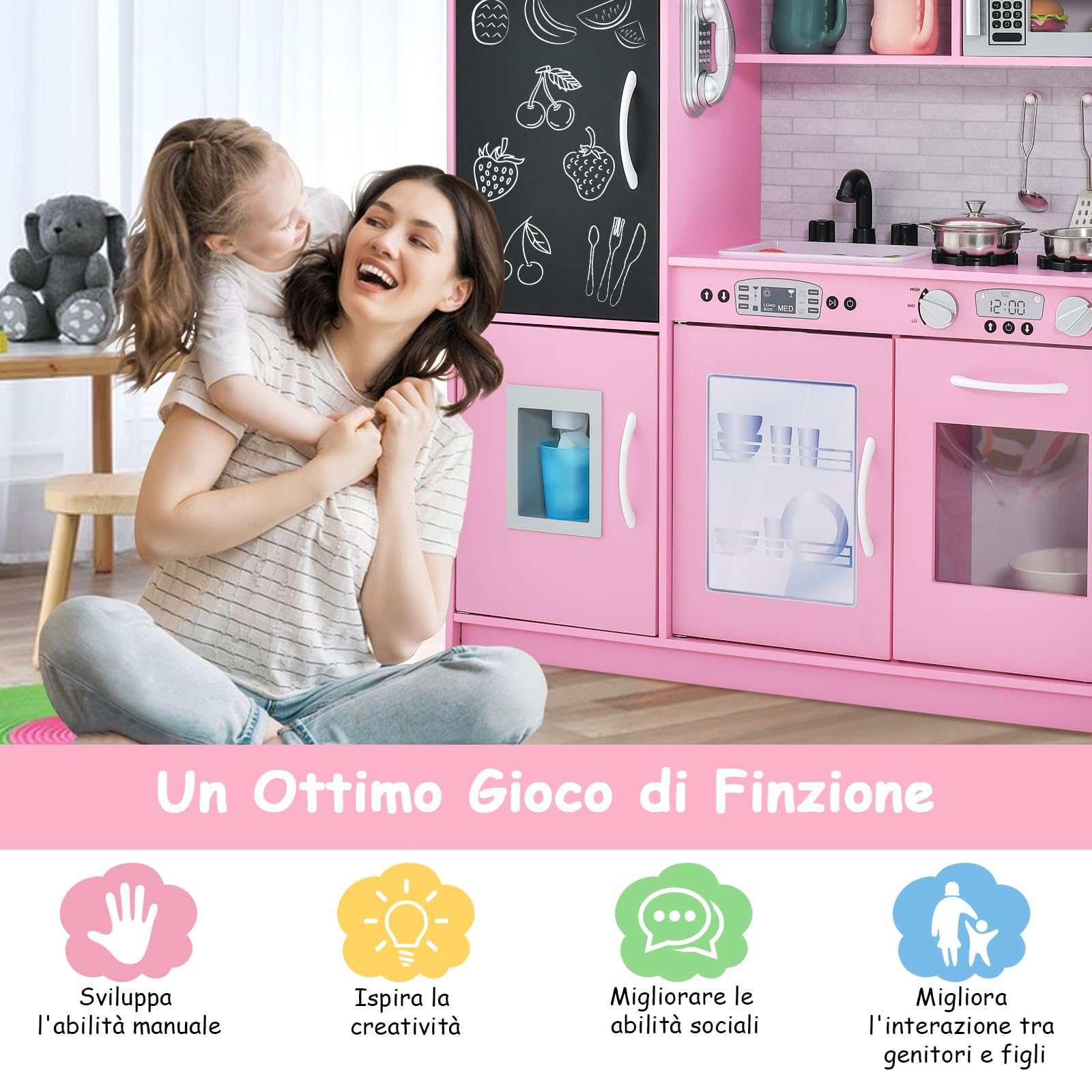 GYMAX Cucina Giocattolo per Bambini, Cucina Gioco in Legno Bambina con Lavagna, Forno, Vaschetta per l'Acqua e Fabbricatore di Ghiaccio, con Effetti Sonori per Bambini 3 Anni + (Rosa)