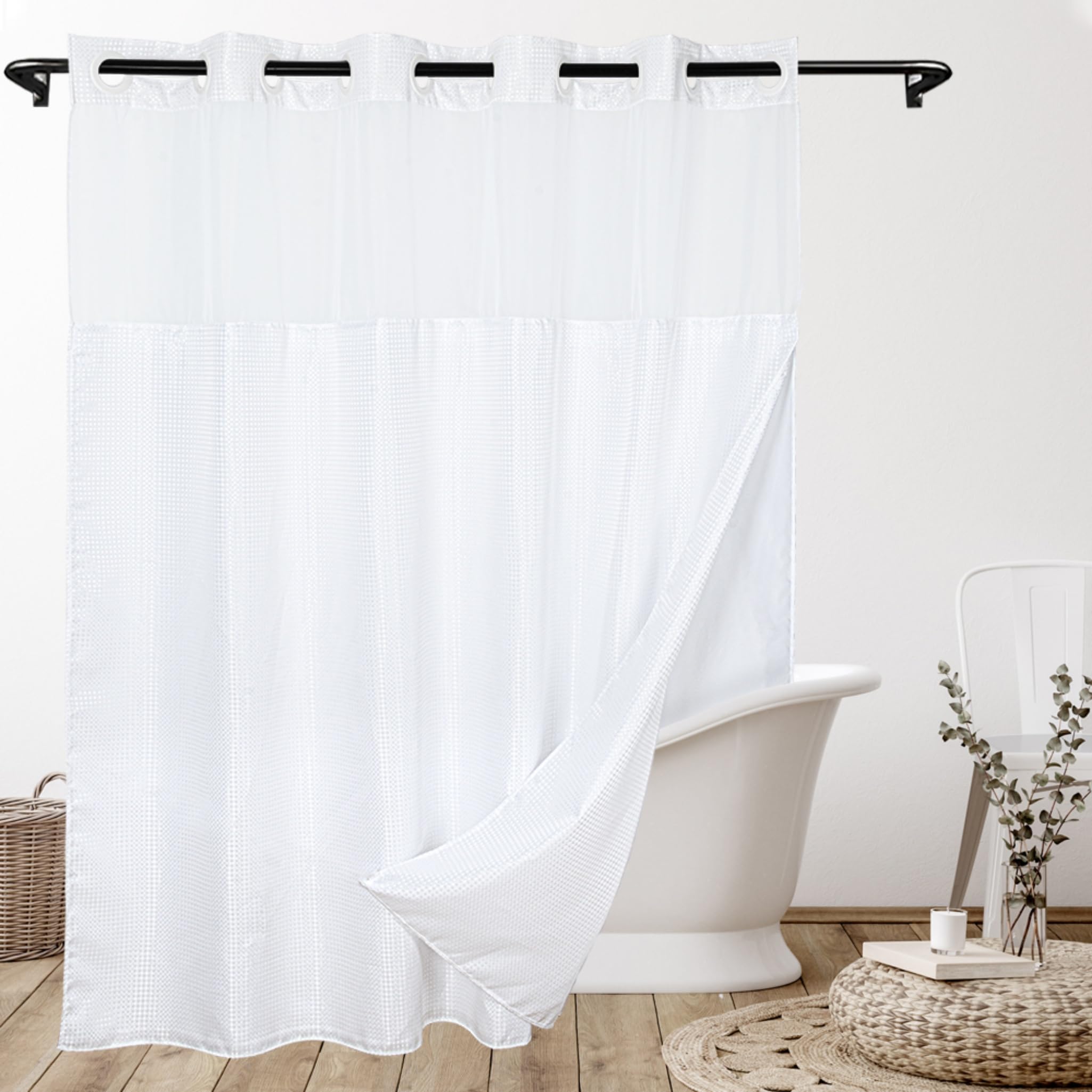 goodbath No Hook Shower Curtain and Liner Set,Luxury Waffle Bath Curtains for Bathroom Hotel, Mesh Top Window,Double Layer,180x188cm,White