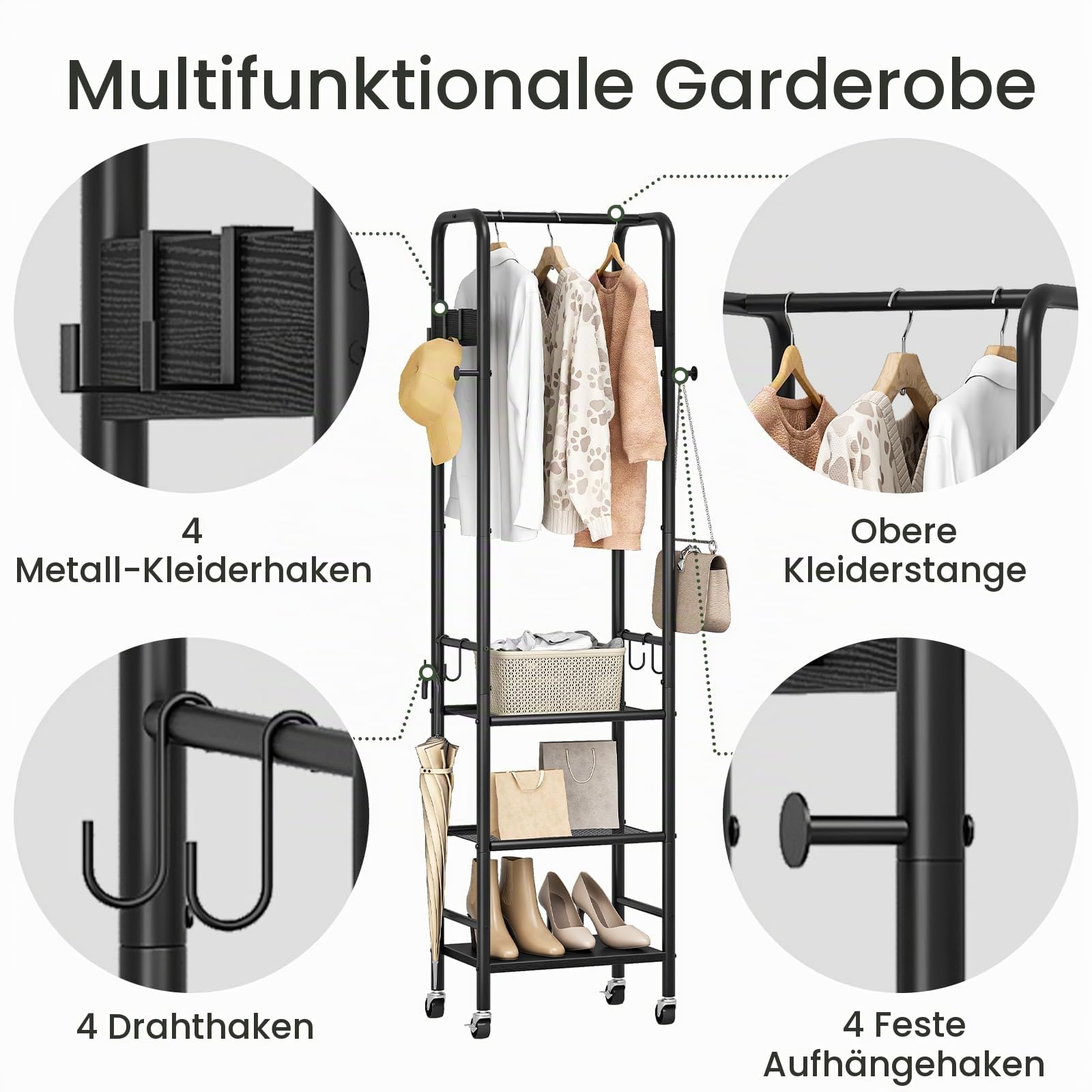 CHOEZON Garderobenständer, Mobiler 3-stöckiger Kleiderständer, Garderobe mit 4 Rollen, Garderobe Schmal, mit Schuhablage, für Flur, Schlafzimmer, Kleiderschrank, Wohnzimmer, Schwarz DTYM17BB