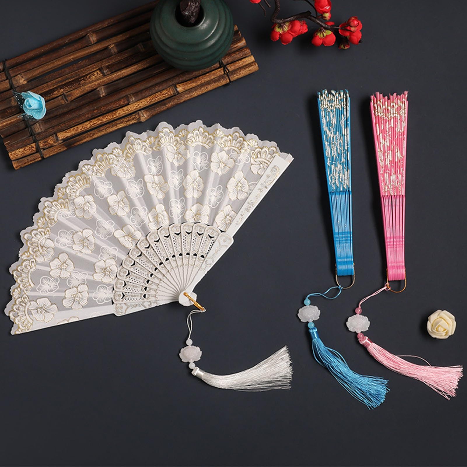 Ventaglio estivo portatile in tessuto di seta pieghevole retrò pizzo leggero danza cinese palmare con fiore di ciliegio modello nappa elegante donna per argento 1 pz
