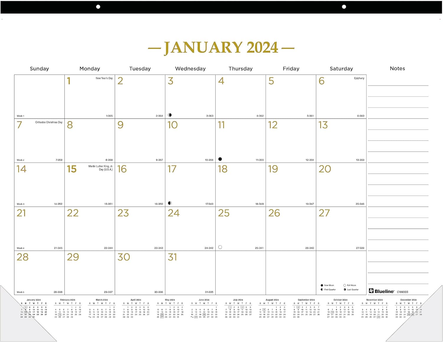 Blueline® 2025 Gold Collection Monthly Desk Pad Calendar, 12 Months, January to December, 22" x 17", Classic Gold, English (C199003-25)