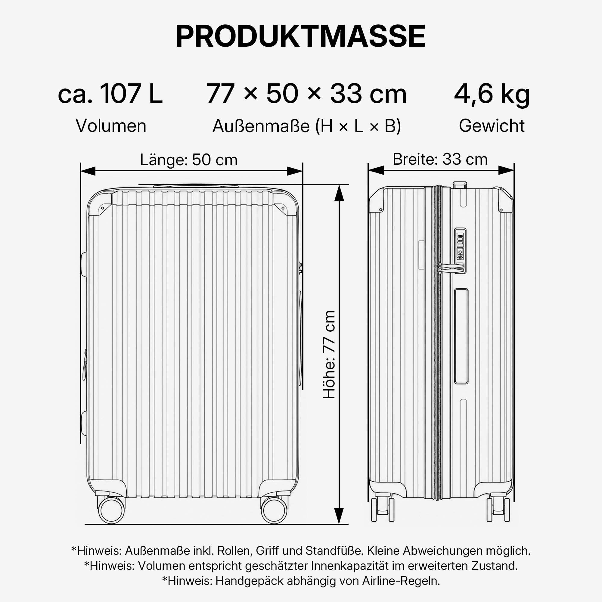 Münicase XL Hartschalenkoffer 76 cm Erweiterbar TSA-Schloss Leise Doppelrollen Reisekoffer Schwarz