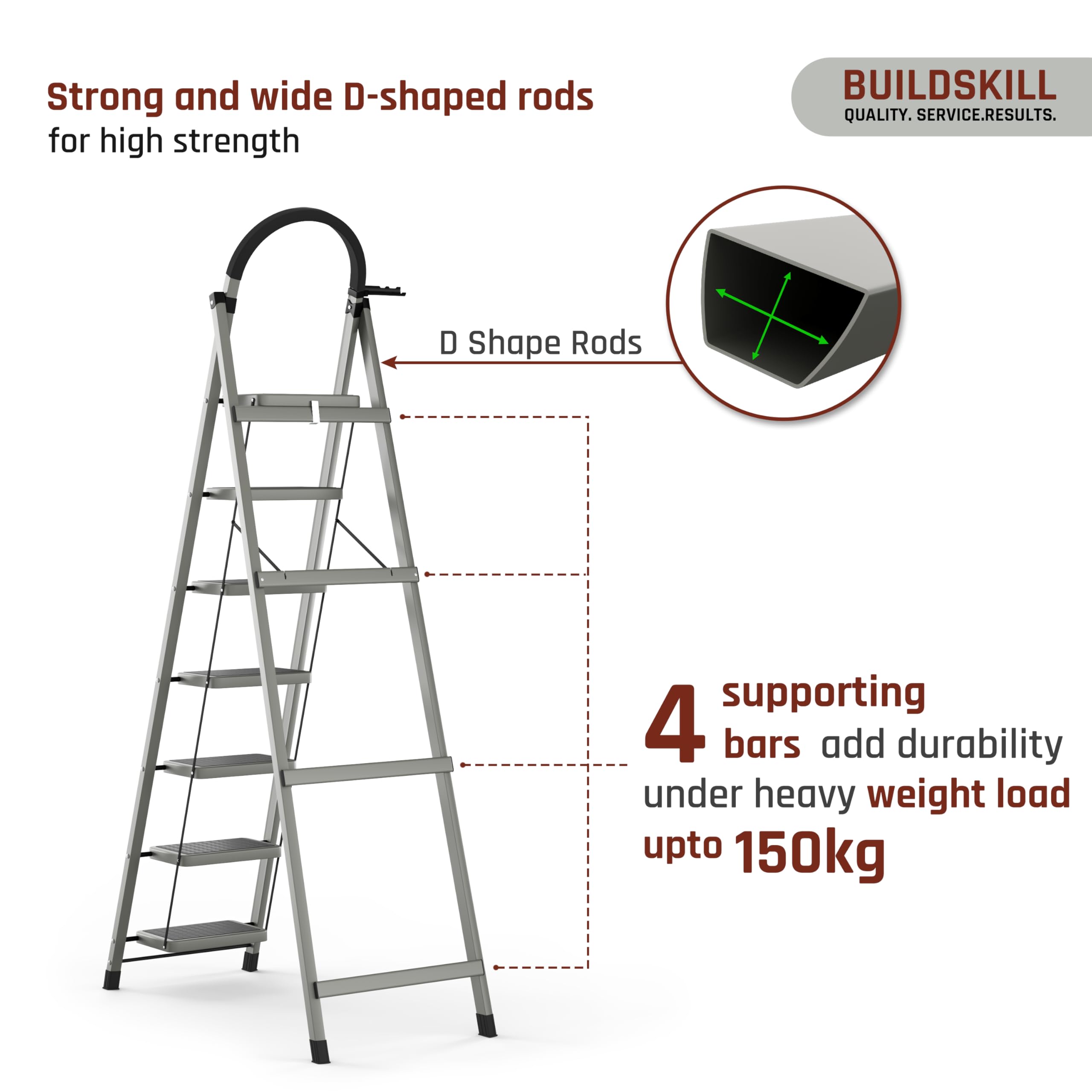 BUILDSKILL Ladder for Home 7 Steps Foldable with Built-in Tool Tray | Heavy Duty D Shape Rods | 20 x 30cm Large Platform | Wide Rubber Feet | Secure Lock | 150Kg Capacity - 5 Years Warranty — Amazon image 6