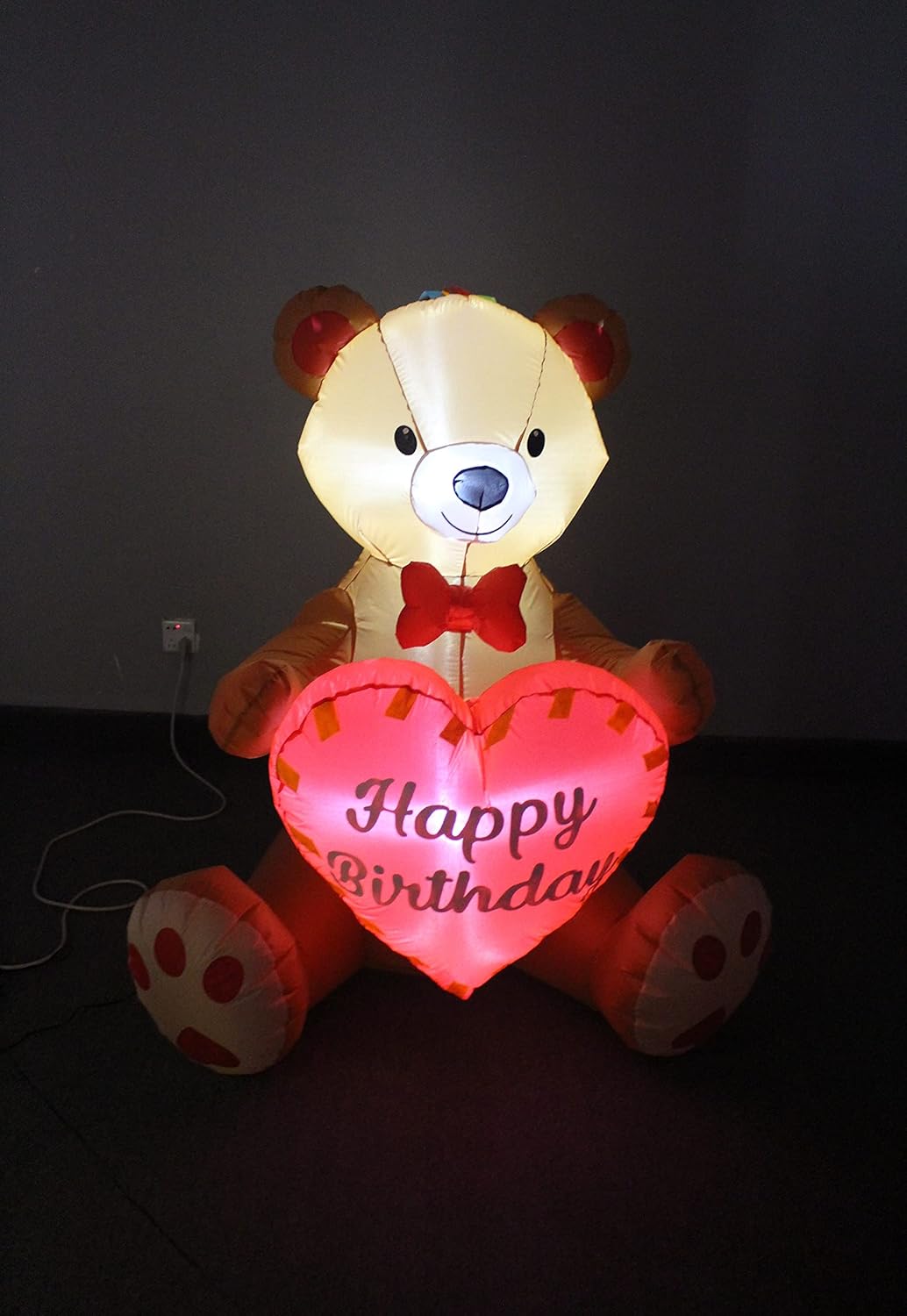 4 Foot Tall Inflatable Happy Birthday Teddy Bear with Love Heart Pre-Lit LED Lights Outdoor Indoor Decor Sweet Cute Present Holiday Blow Up Giant Party Favor Home Lawn Garden Yard Decoration