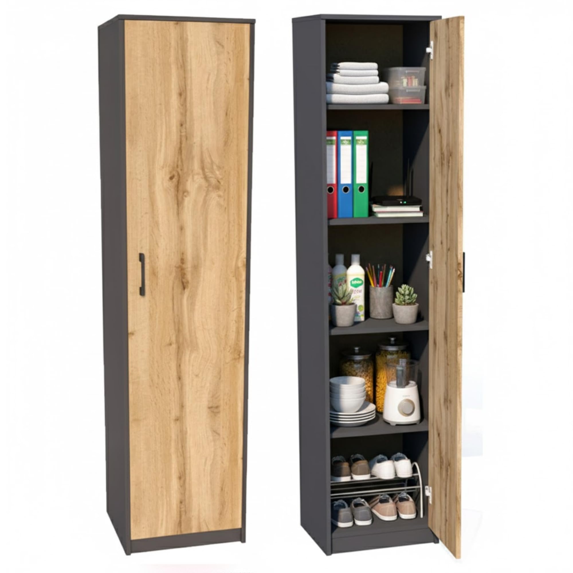 Home Collective Regal mit 5 Ebenen in matt Aktenschrank mit 4 Einlegeböden und 1 Tür, Standregal 39 cm breit mit hochwertigen Polymergriffen ideal für Schlafzimmer Wohnzimmer Flur Büro Graphit Eiche