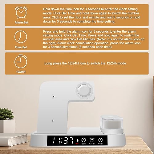 Miniatura 6 de Cargador inalámbrico, estación de carga inalámbrica 4 en 1 con reloj despertador digital, luz nocturna, cargador rápido de 20 W para AirPods Watch