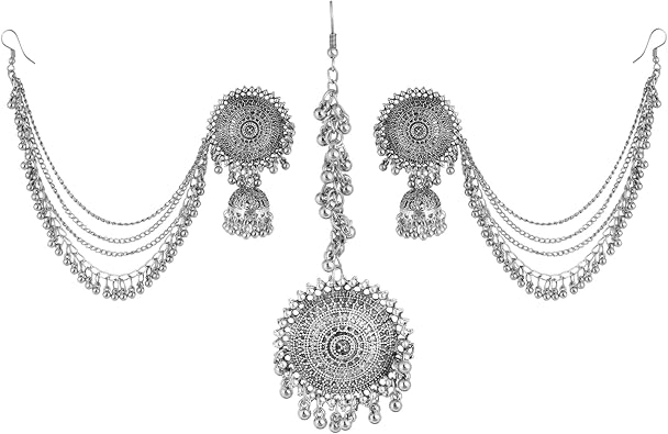 Jwellmart Oxidized Silver Navratri Garba Earrings Maang Tikka Combo Bollywood Style Jewelry Set for Women