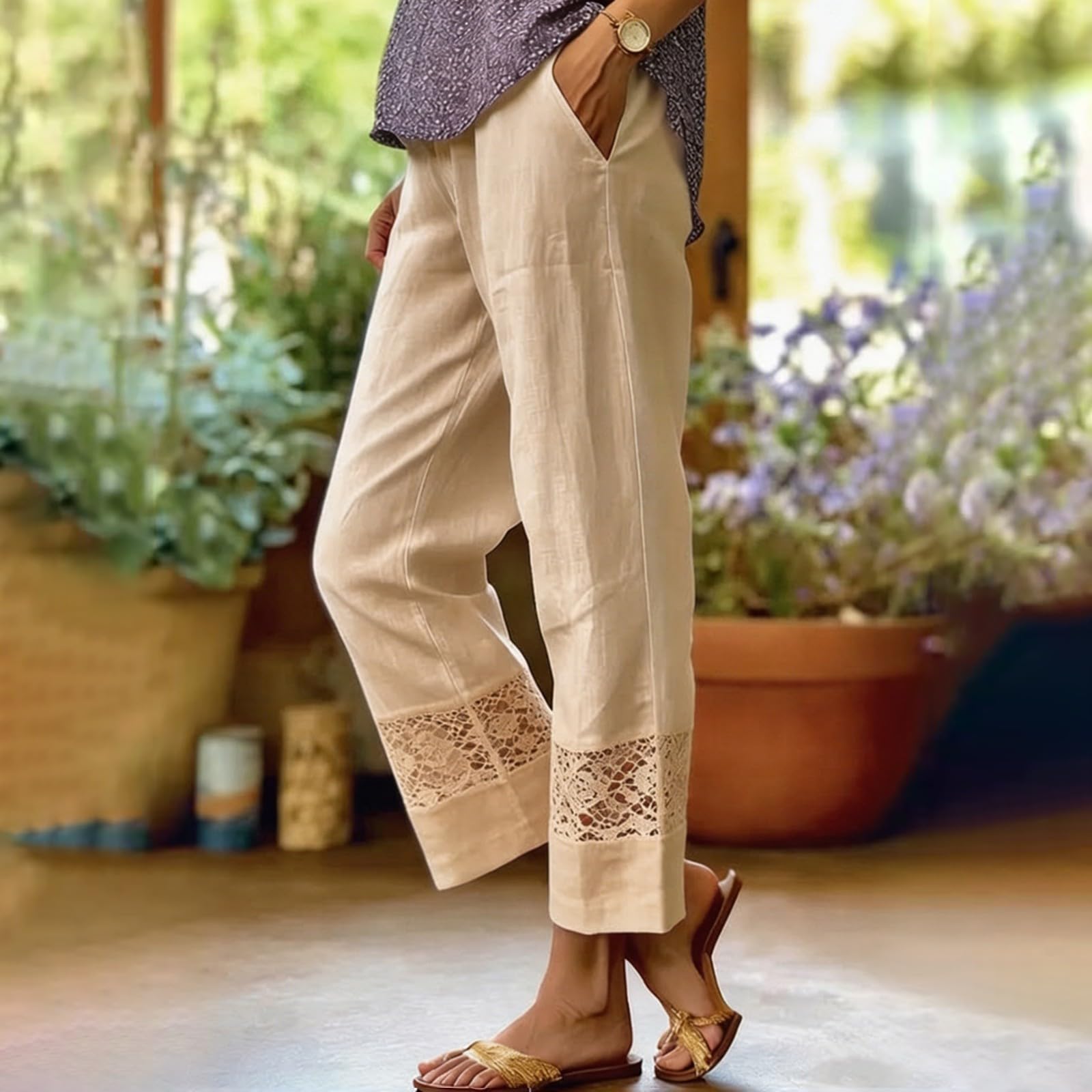 Generisch Pantalon d'été léger pour femme - Taille haute - Léger et aéré - Pantalon de loisirs en lin Lyocell - Avec cordon de serrage - Élégant pantalon en tissu - Ample - Décontracté - Pour les