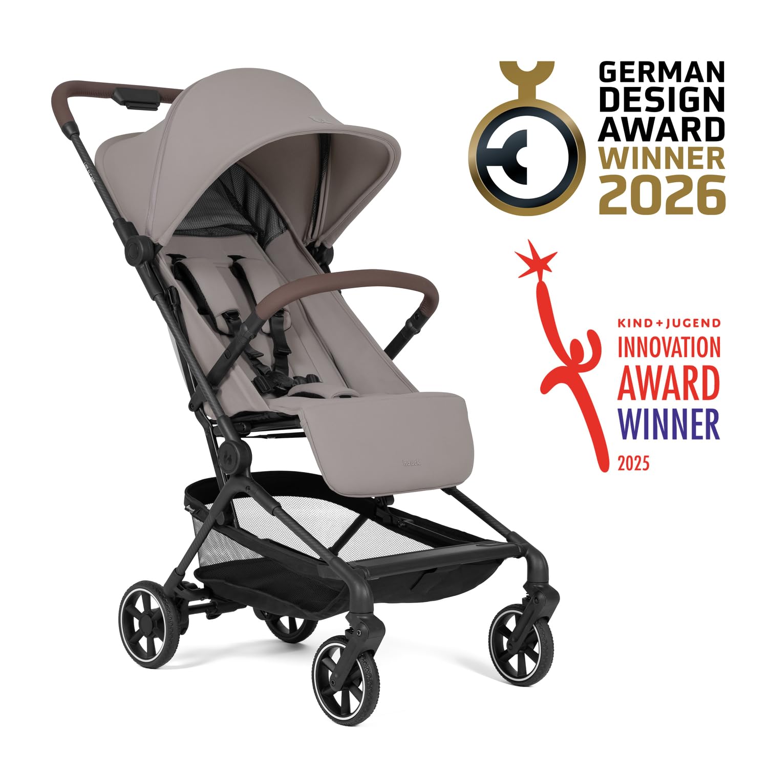 hauck Lite N Care Passeggino Ultraleggero 5,5 kg in Carbonio, Premiato German Design Award 2025 & Innovation Award 2025, Pieghevole Compatto IATA, UPF 50+, Schienale Reclinabile - Sandy Taupe | German Design Award 2026, bagaglio a mano, chiusura una mano