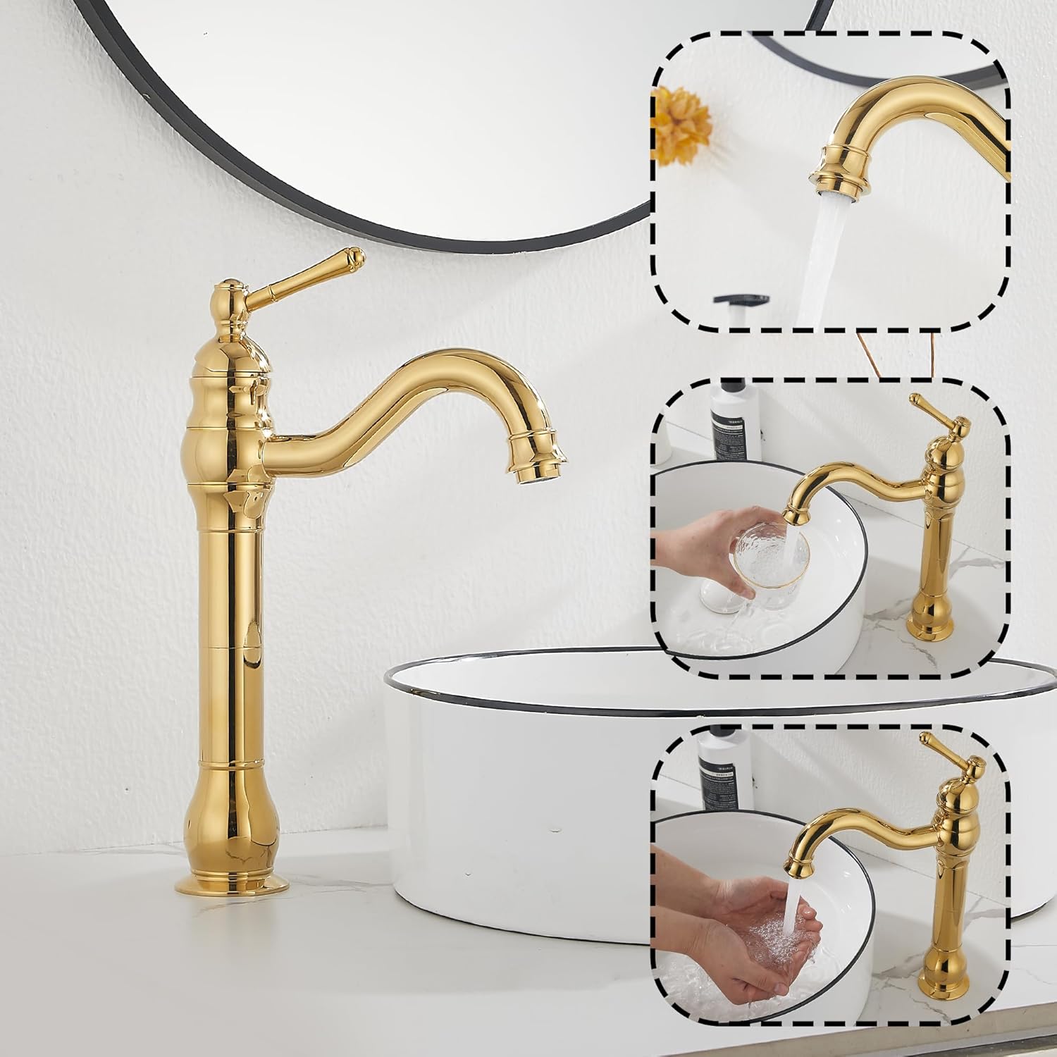 GGStudy 360 Swivel Single-Handle One Hole Bathroom Vessel Sink Faucet Matching Pop Up Drain Polished Gold Farmhouse Vanity Faucet