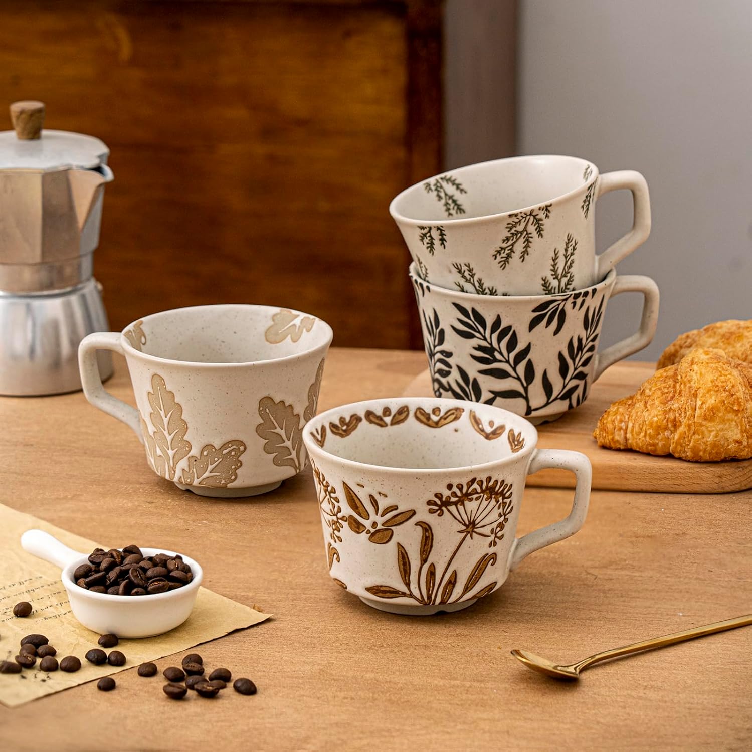 12OZ Ceramic Coffee Mugs Set of 4, Novelty Stoneware Tea Cups with Flower Spoon, Cute Mugs for Women Men, Suitable for Hot Chocolate Latte Espresso, Dishwasher and Microwave Safe (4 Pack)