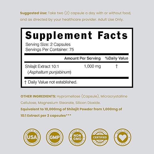 Miniatura 6 de Cápsulas de Shilajit con más de 85 oligoelementos (Suministro para 75 días, 1000mg de extracto por porción) Shilajit del Himalaya para hombres y