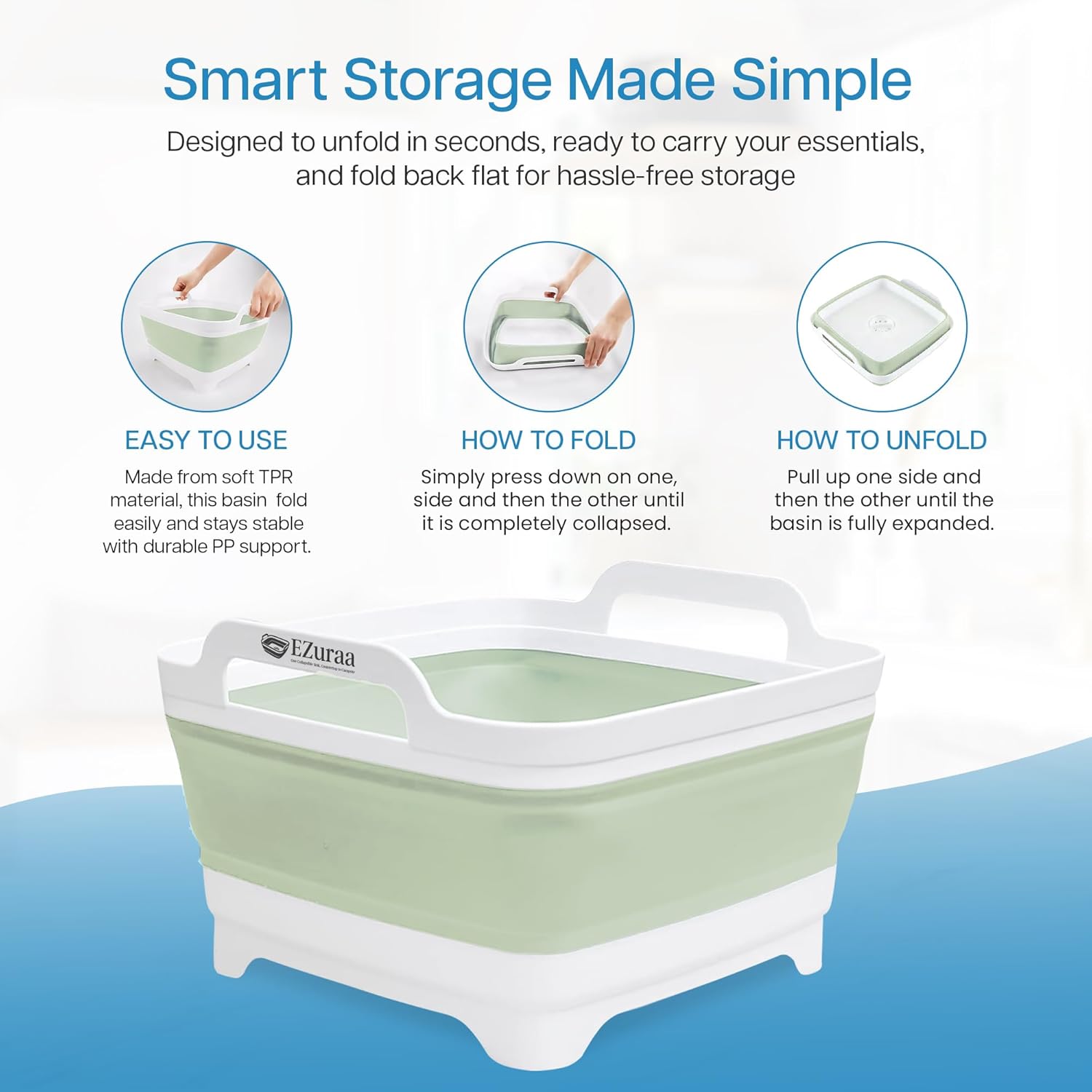 EZuraa 2.4gal(9L) Green Collapsible Dish Basin, Portable Sink or Dish Pan for Kitchen Sink with Drain Plug/Strainer, Space Saving Baby Bottle Wash Basin Collapsible Bucket, Beverage Tub for Camping image 3