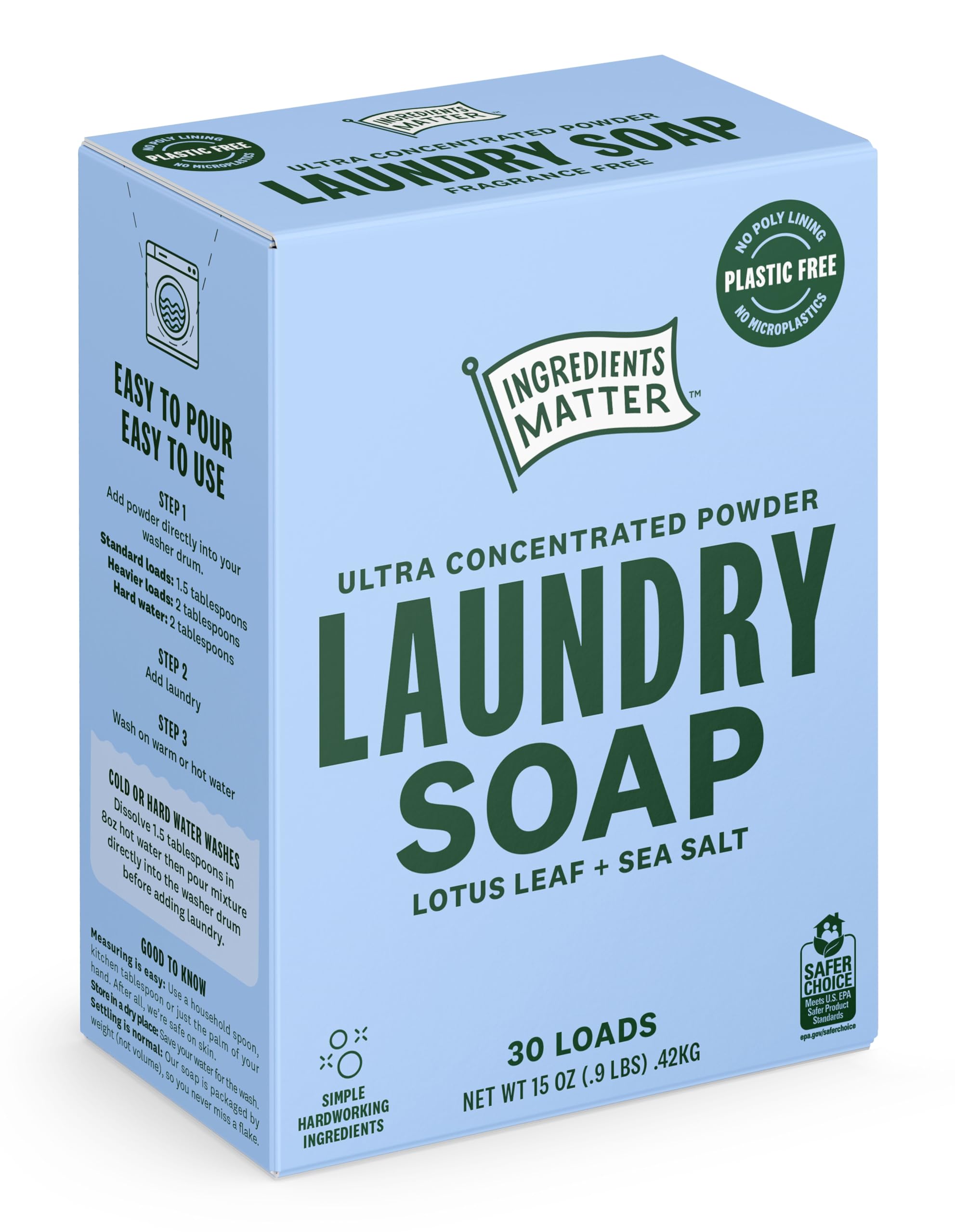 Ingredients Matter Powder Laundry Soap - Lotus Leaf + Sea Salt Scent, Hypoallergenic Detergent, Natural & Eco-Friendly, Plastic Free, Natural