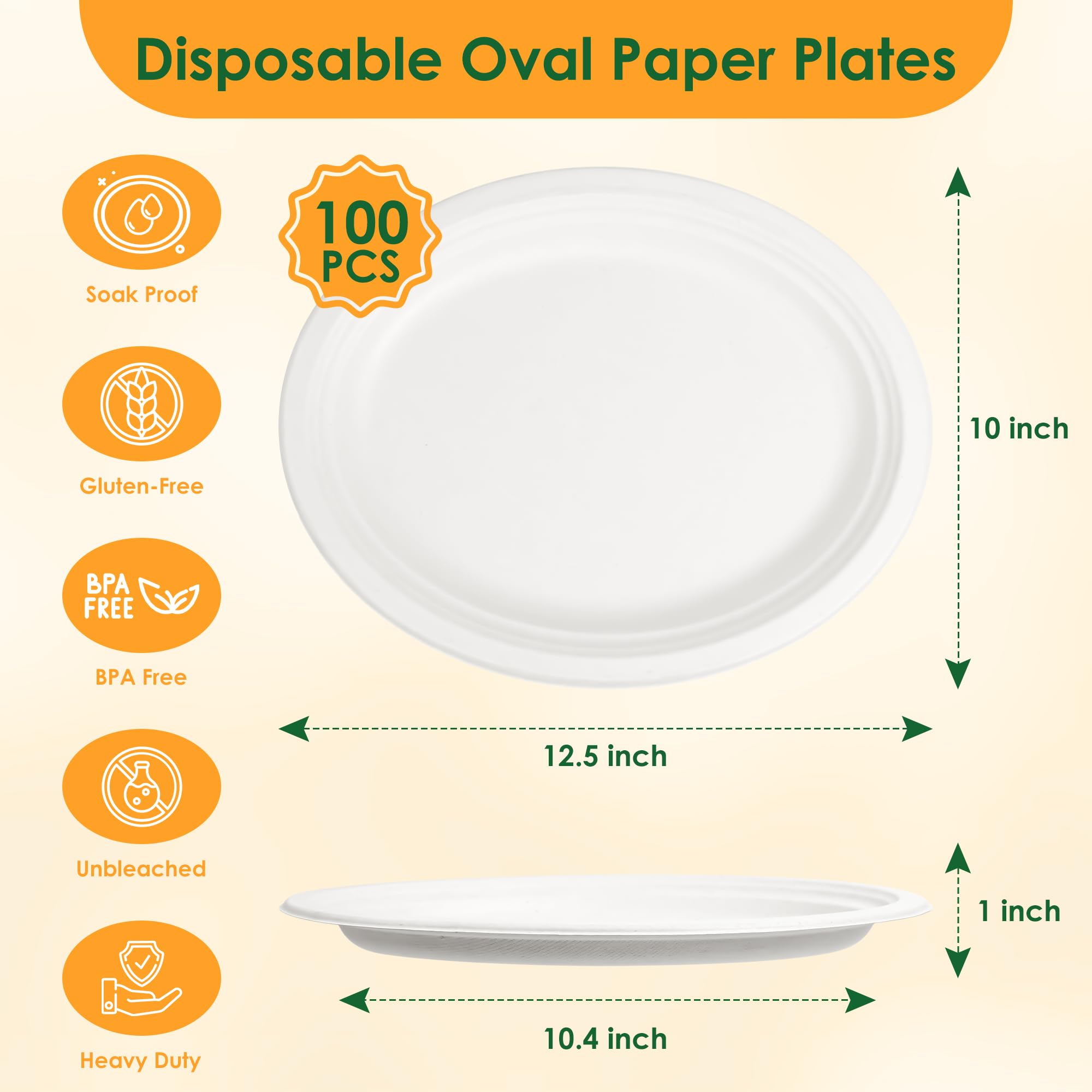 Platos de papel ovalados compostables, 12 pulgadas, 100 unidades, platos de bagazo resistentes, blancos, ecológicos, biodegradables, platos de almuerzo para barbacoa, fiesta, picnic