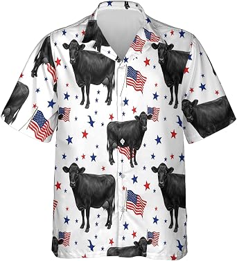 4th of July Hawaiian Shirt for Men - Patriotic Cow Button Down Mens Hawaiian Shirts Short Sleeve Series 01