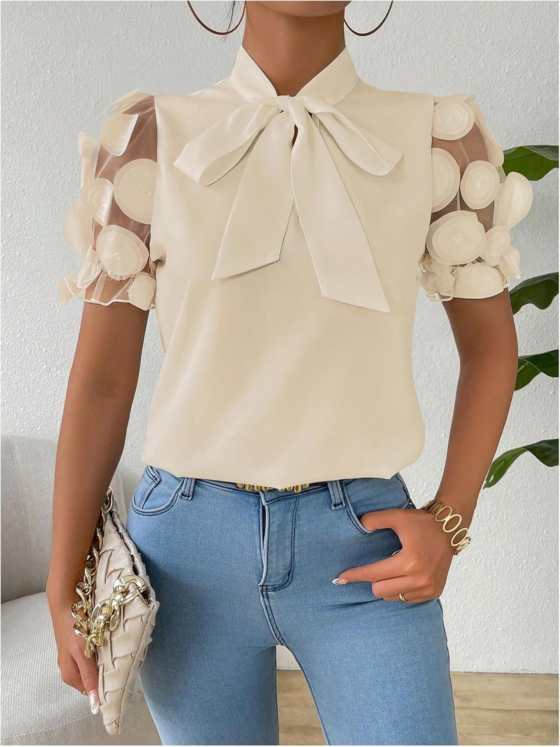 OYOANGLE Women's Tie Neck Sheer Short Puff Sleeve Blouse Elegant Business Casual Top - Image 4