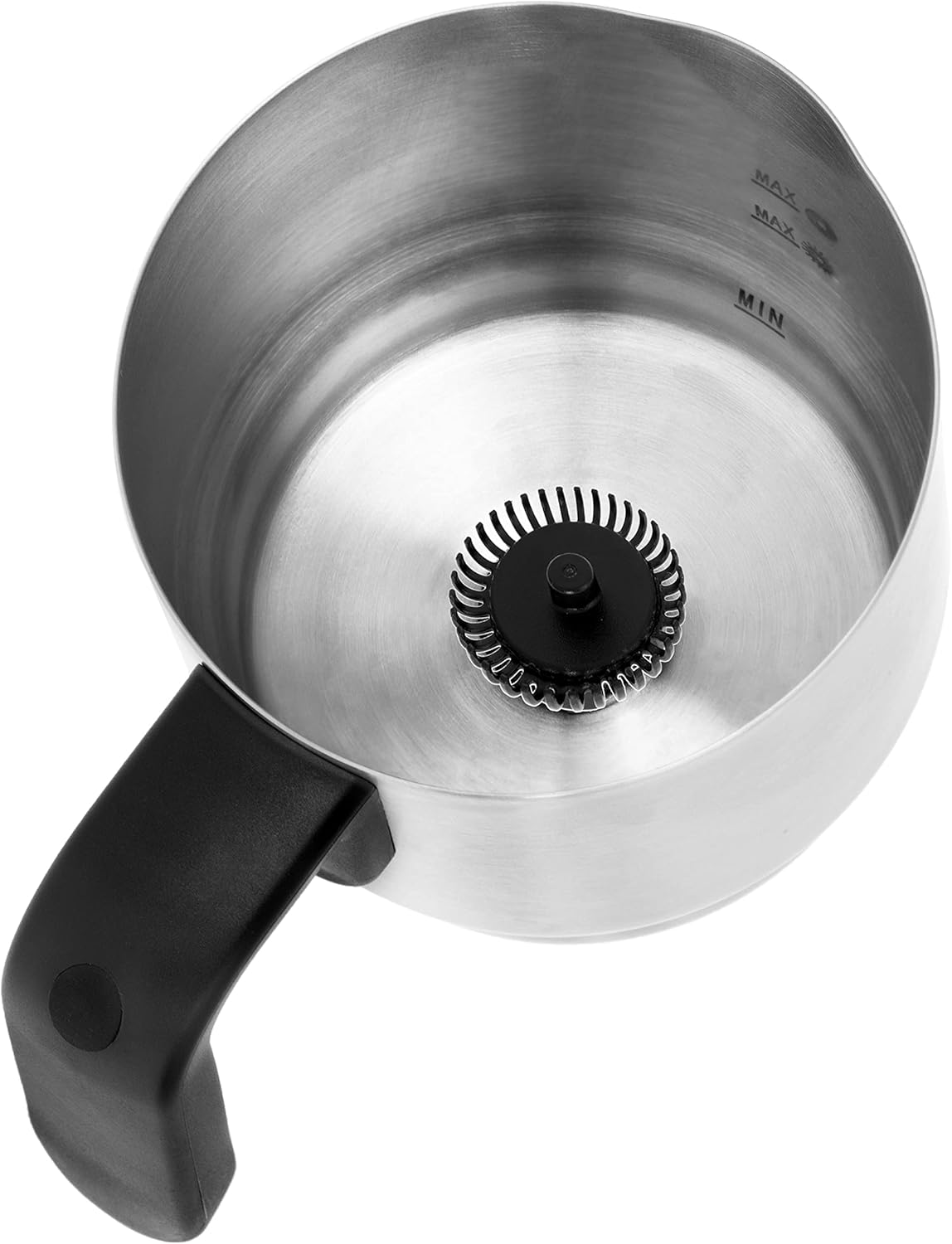 Inside of the milk frother jug with frothing whisk attached