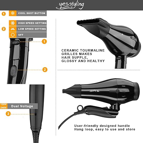 Miniatura 3 de Secador de pelo profesional de salón, secador de iones negativos de oxígeno activo con accesorios para secado rápido para la familia, bajo ruido
