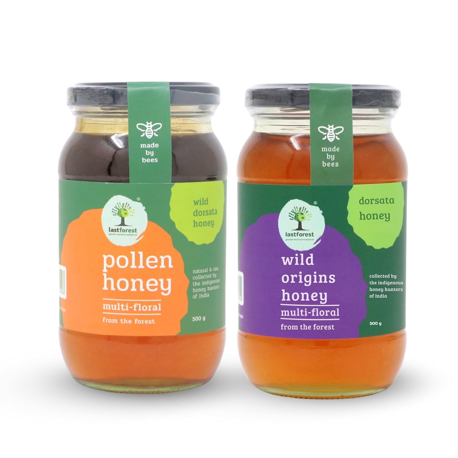 Last Forest Unprocessed Wild Origins Honey and Pollen Honey 500g, Raw Honey with No Added Sugar or Additives (Pack of 2)