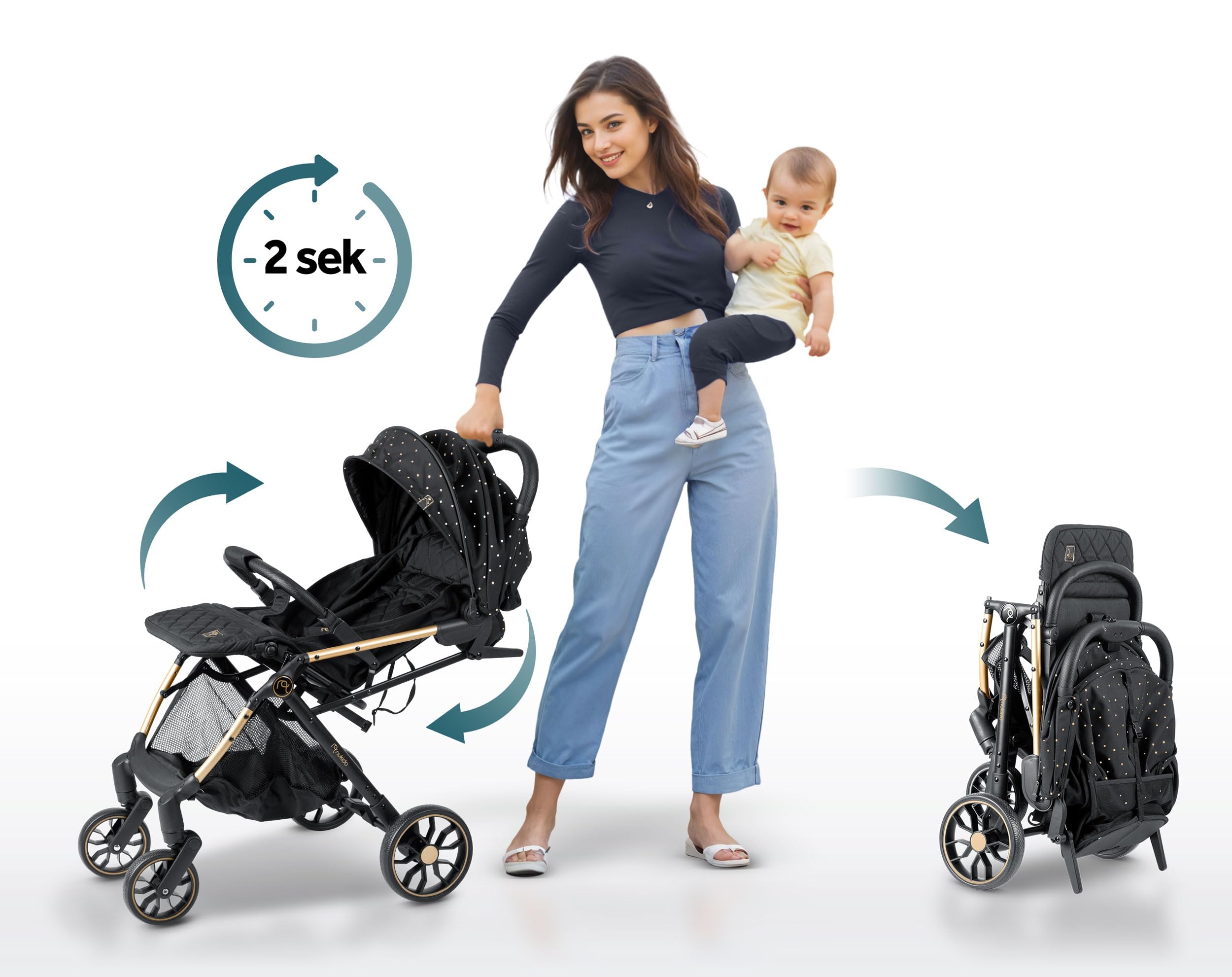 Nukido Poussette pour bébé avec Sac de Transport 0-36 Mois 0-15 kg Pliage Automatique en 2 Secondes Roues à 360° avec Amortisseur Grandes Roues Tout-Terrain Noir/doré