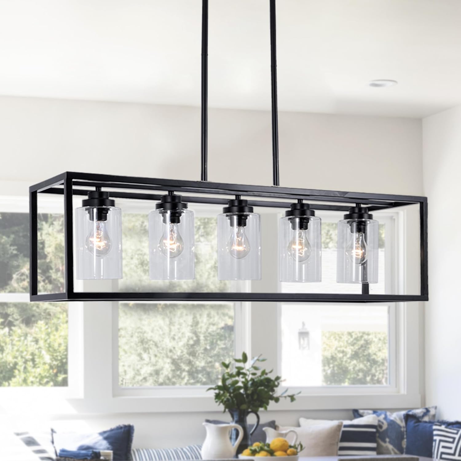 Black Farmhouse Kitchen Island Lighting, Modern Industrial Chandelier, 3-Light Linear Rectangular Pendant Light Fixtures for Farmhouse Kitchen Dining Room Bar Foyer(Metal, Height Adjustable)