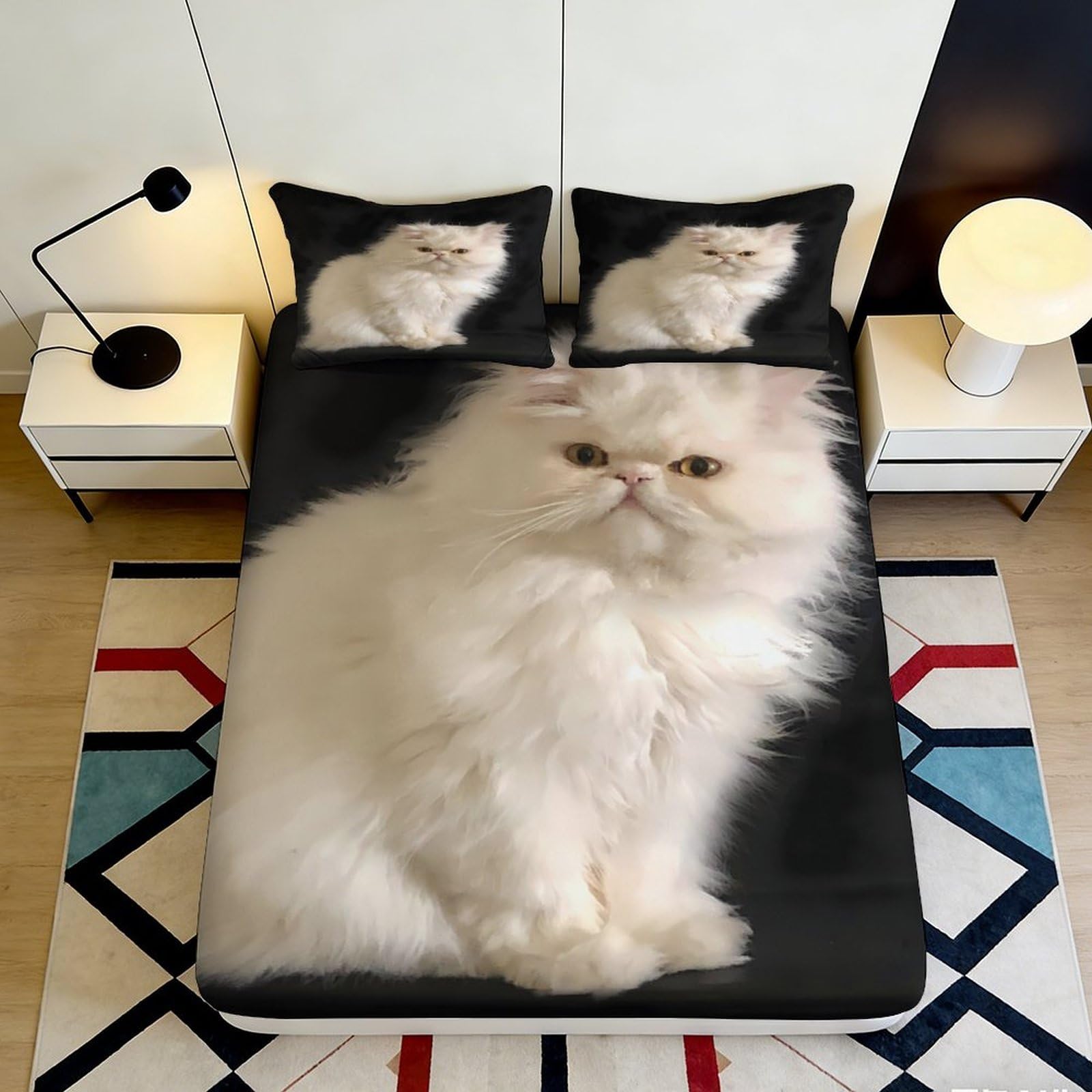 3D Printed White Persian Cat Fitted Sheet Microfiber Soft Durable Black Background Bed Cover for Bedroom Dormitory Guest Room Mattress Protection 120x200x25cm