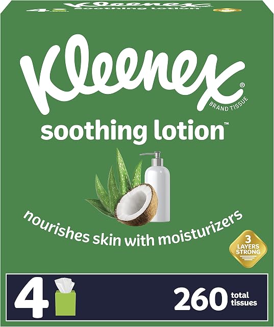 Kleenex Soothing Lotion Facial Tissues with Coconut Oil, Aloe & Vitamin E, 4 Cube Boxes, 65 Tissues Per Box (260 Total Tissues)