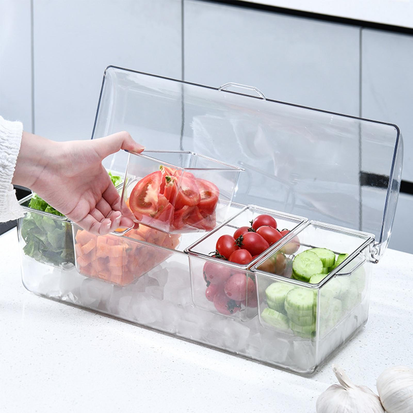 Chilled Snack Nizer – Dispensador de salsas enfriadas en hielo, bandeja de especias con tapa, recipiente refrigerado para especias, salsa fría para fiestas, barbacoas y reuniones
