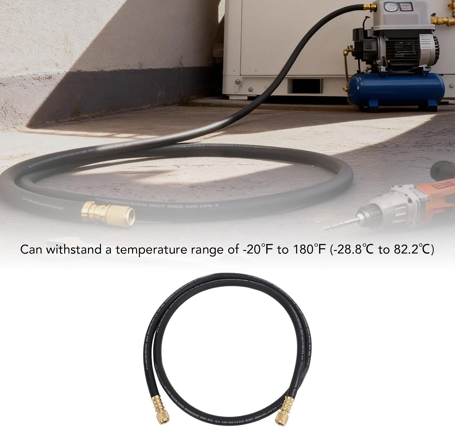 Fafeicy Charging Vacuum Hose, 6ft Reinforced HVAC Vacuum Hose with Leak Proof 3/8in Fitting 640PSI Max Working Pressure and Brass Fitting for Refrigeration Technicians