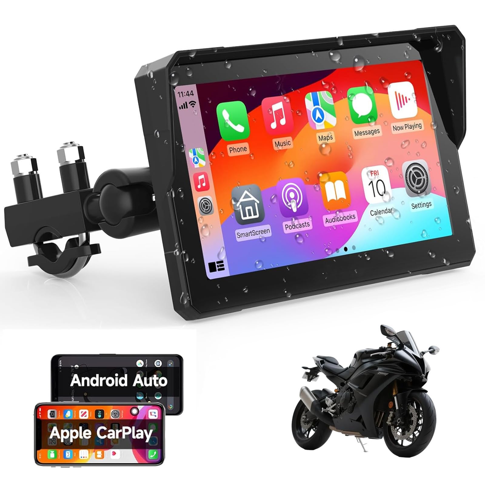 7-Inch Wireless Motorcycle Carplay GPS Navigation System with Apple Carplay and Android Auto, Portable Moto Car Play Screen, Navigation, Siri, Google Assistant.