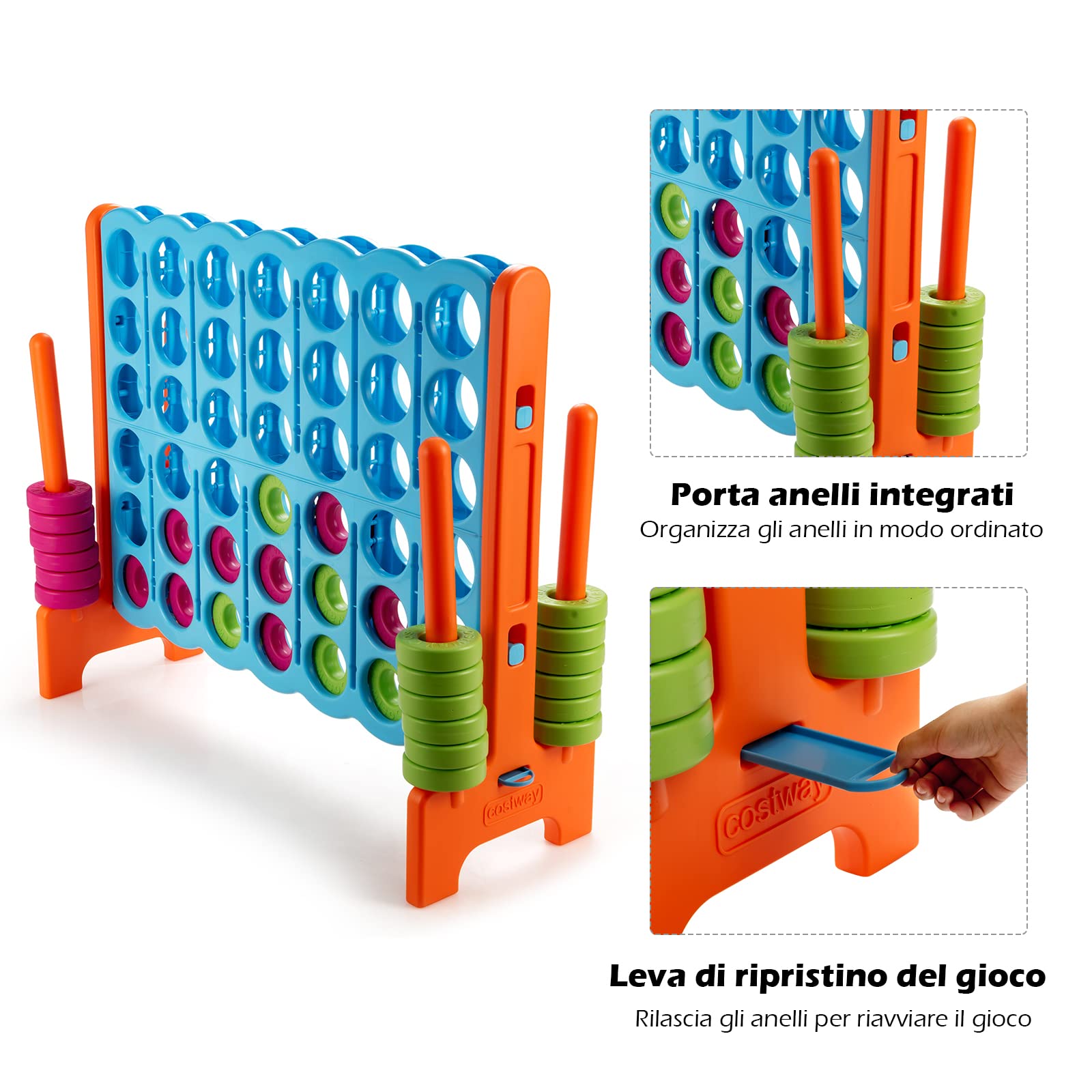 COSTWAY Forza 4 Gigante per Bambini e Adulti, da Interno ed Esterno | Set di Forza 4 in PE e PP con 42 Anelli per Feste e Vacanze, 120 x 42 x 104 cm, Azzurro+Arancione