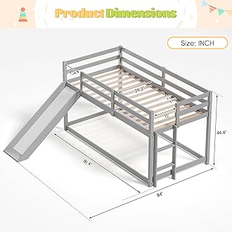 MU Low Bunk Bed with Slide, Twin Over Twin Bunk Bed, Solid Wood Bed Frame with Climbing Ladder & Safety Guard Rail, Floor Loft Bed with Storage Space for Kids Toddler, Grey