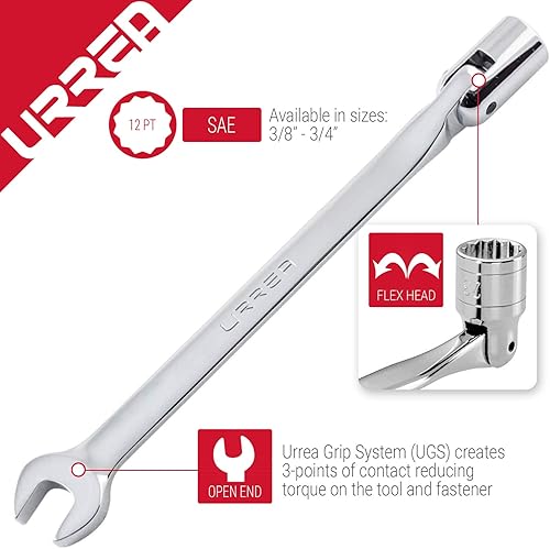 Miniatura 5 de URREA 1270-22 Llave de cabeza flexible de 12 puntos, llave combinada de cabeza flexible de 1116 pulgadas con extremo de caja de trinquete y extremo