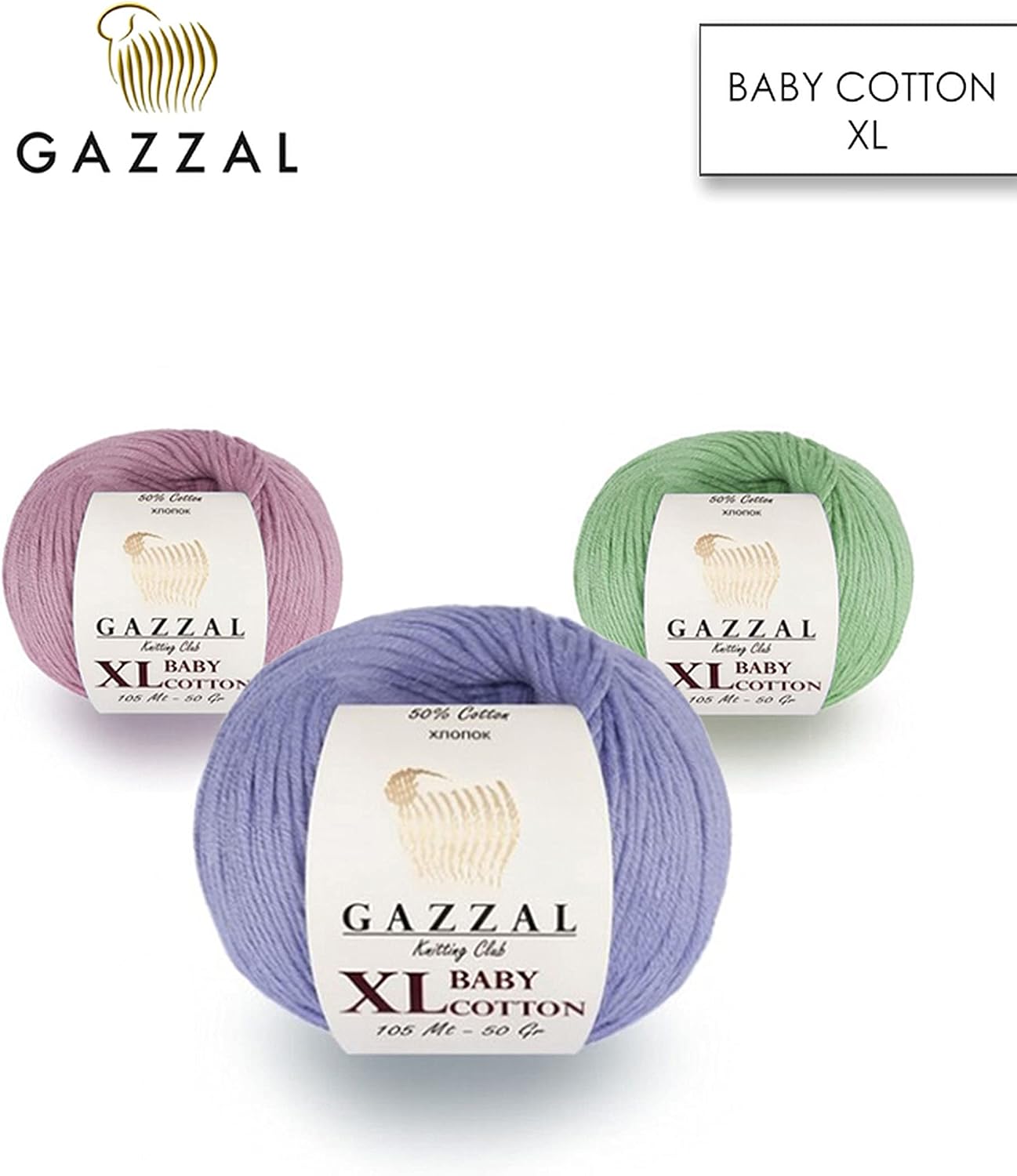 3 Pack (Skein) Gazzal Baby Cotton XL, 50% Soft Cotton 50% Acrylic, Each Ball 1.76 Oz (50g) / 114 Yards (105m), DK- Worsted, Knitting Yarn, Amigurumi Yarn, Baby Yarn, 3453