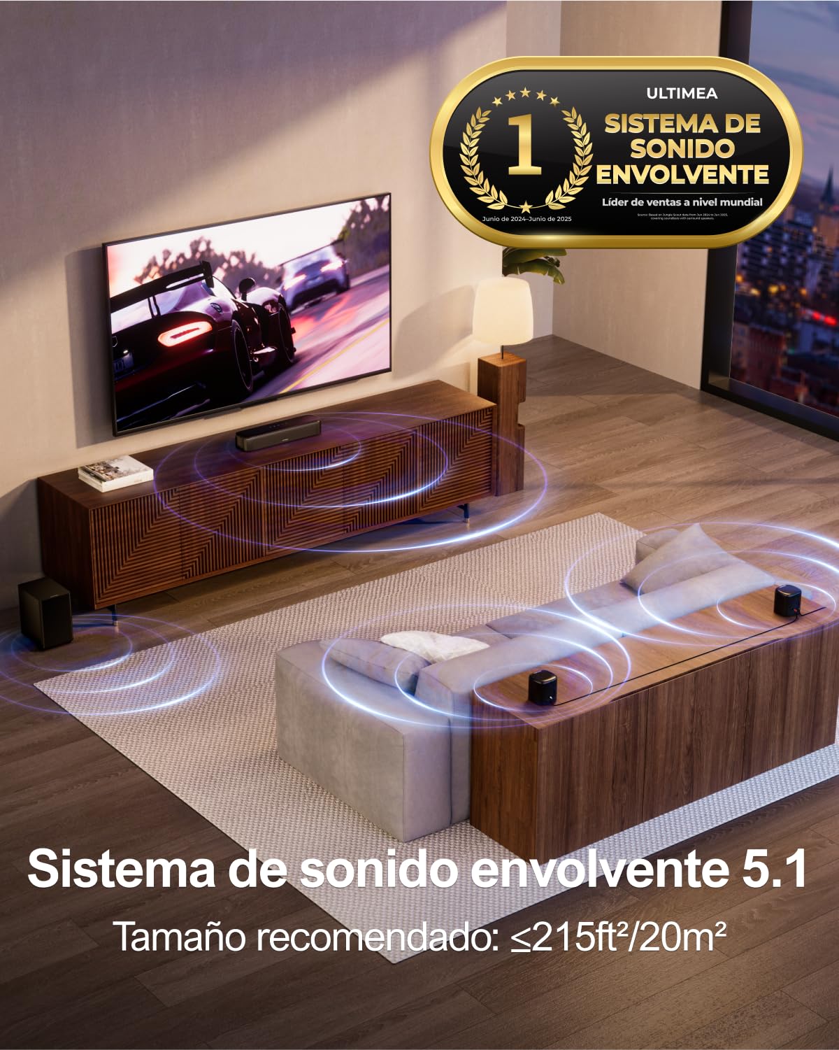 ULTIMEA 5.1ch Barra de Sonido TV, Soundbar y 2 Altavoces Surround, Control por Aplicación, Barra Sonido TV con Subwoofer, Barra de Sonido Bluetooth 5.3, Opt/AUX, Potencia Máxima de 250W, Aura A30