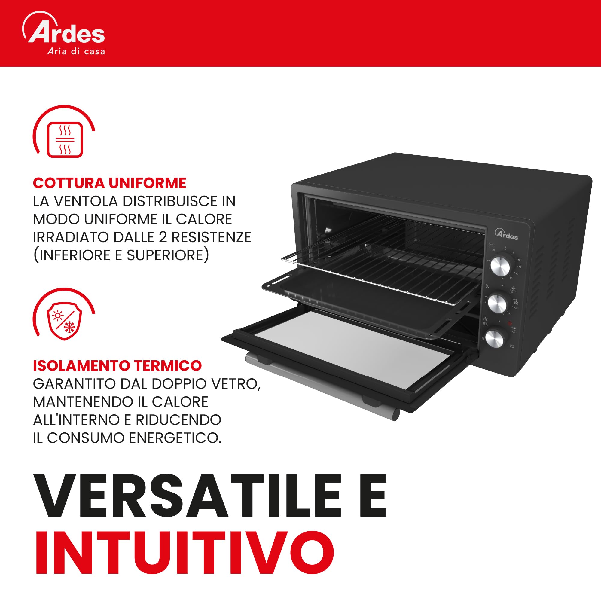Ardes KRATOS 37L Forno Elettrico Ventilato 37 Litri con 5 Modalità di Cottura, Termostato 40-280°C, Timer 90 Minuti, Luce Interna e Doppio Vetro