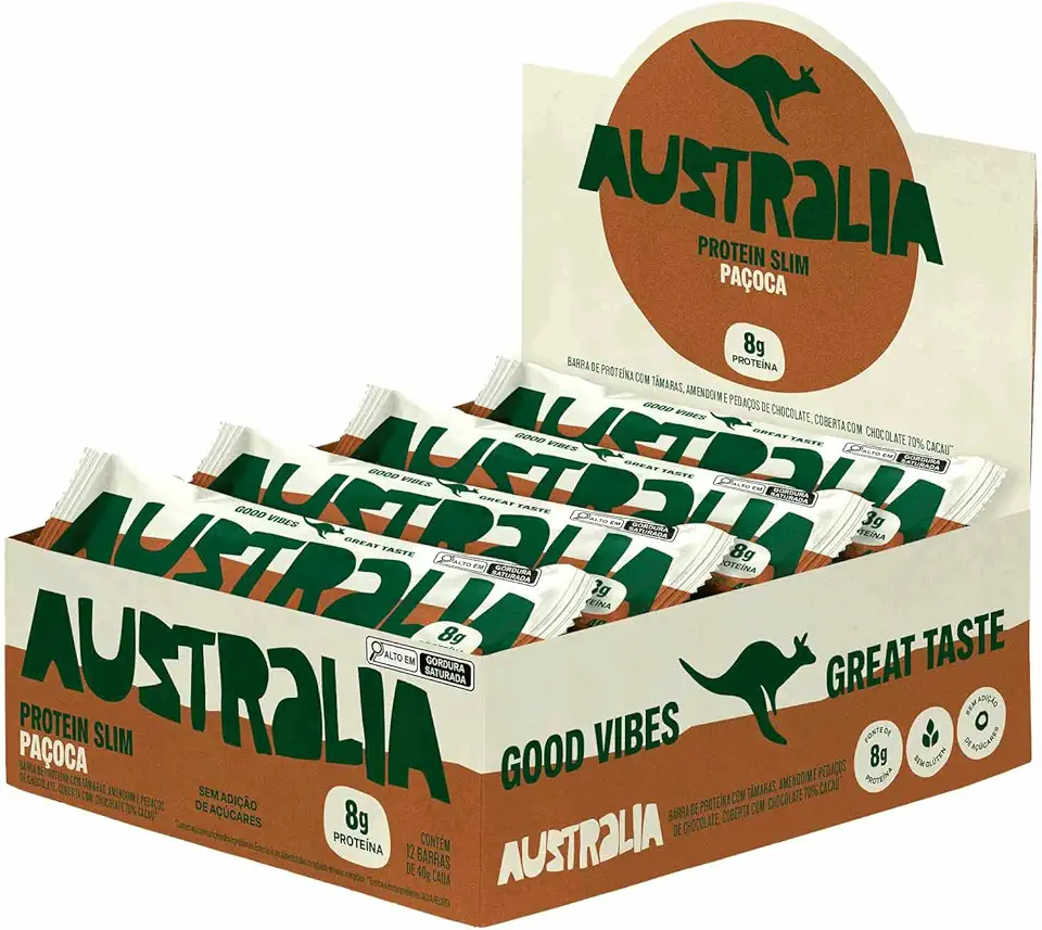 Australia Protein Slim Paçoca, Barra de Proteína com 8g de Proteína, Sem Adição de Açúcares, Sem Glúten, Display com 12 unidades