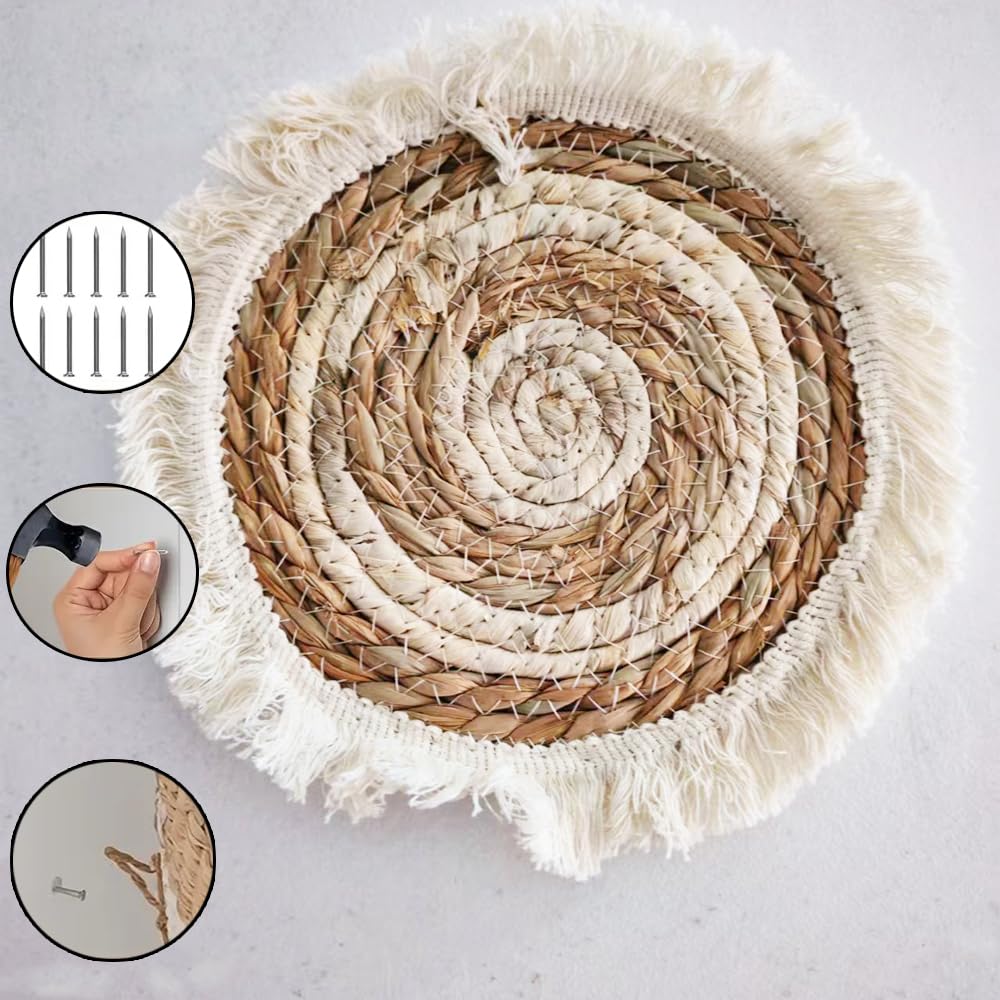 Set di 10 cestini da parete in stile boho, rotondi, rustici, intrecciati, fatti a mano, per camera da letto, soggiorno, tavolo da pranzo (10)