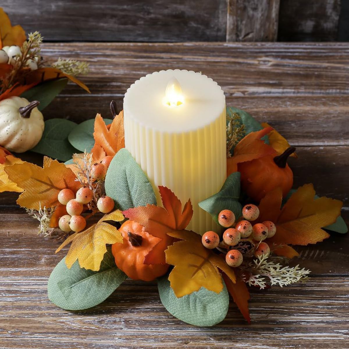 Thanksgiving Fall Candle Ring Wreaths Artificial Pumpkin Maple Leaf Berries Candle Holder for Autumn Wedding Harvest Party Halloween Tabletop Farmhouse Garland Home Decoration