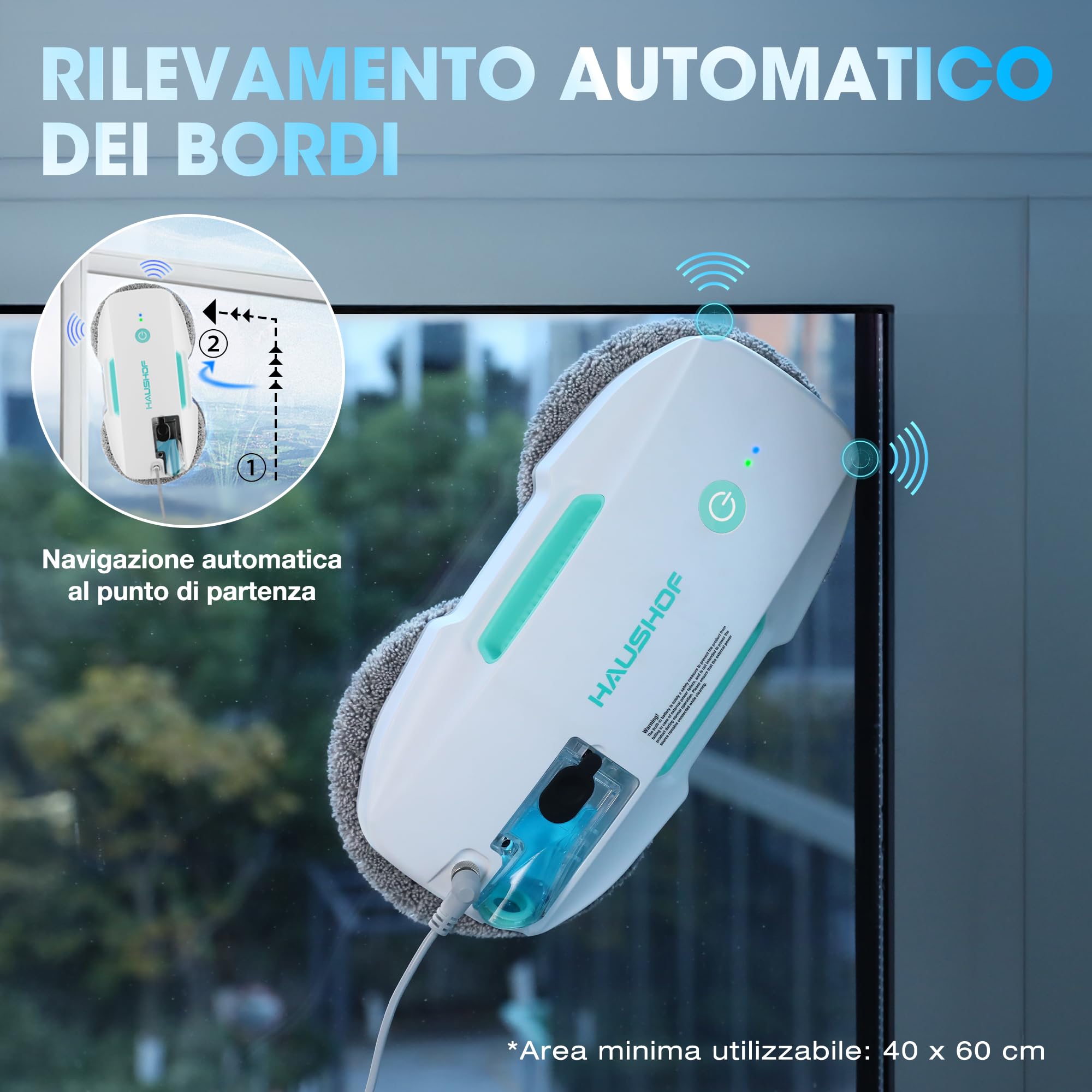 HAUSHOF Robot lavavetri 3800Pa telecomandato, Robot per pulire finestre spruzzo d'acqua automatico, pianificazione del percorso AI e rilevamento dei bordi di grattacieli, porte di vetro