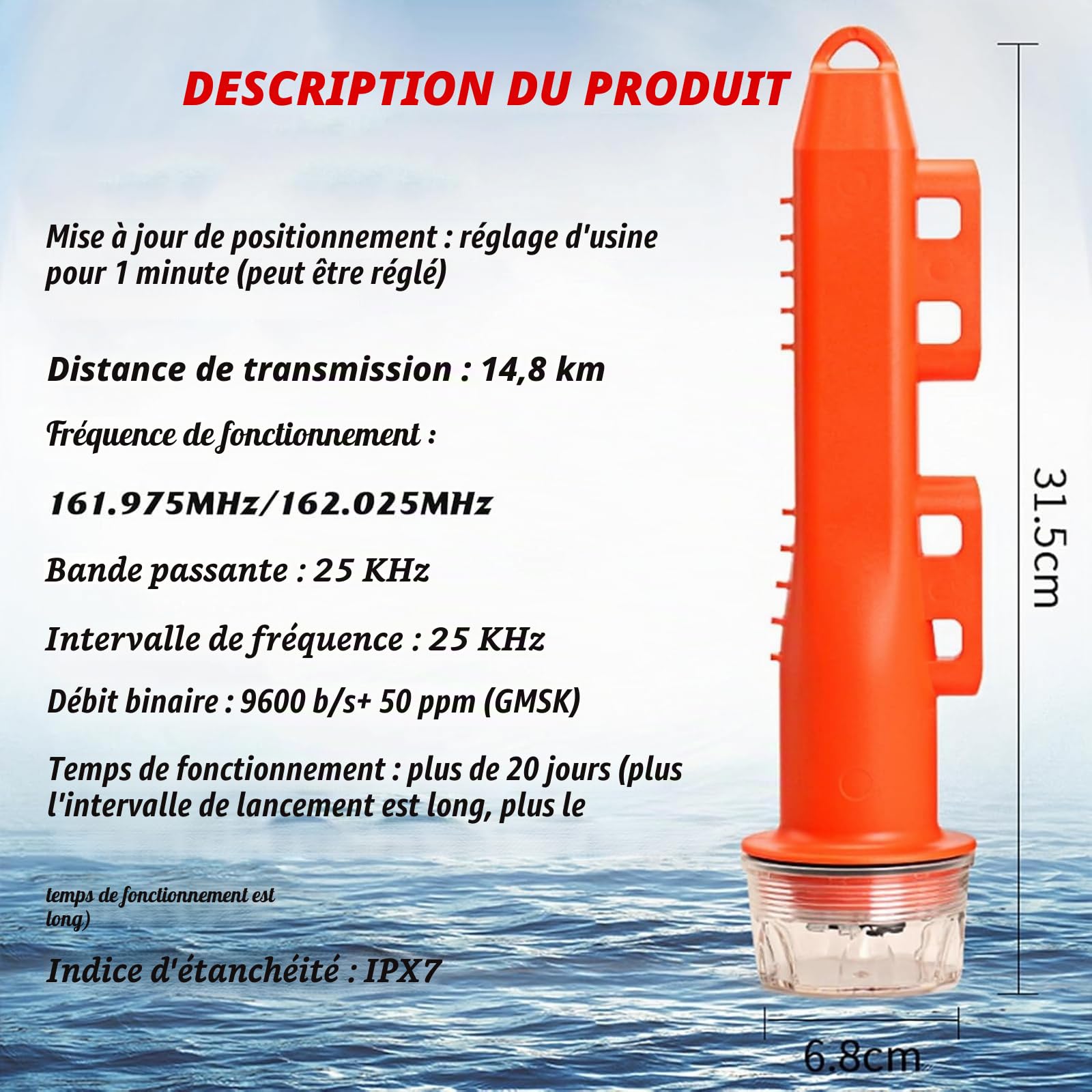 Bouée de positionnement AIS, Balise de mer GPS, avec Fonction d'avertissement et de Suivi, Niveau d'étanchéité IPX7, adapté à la pêche, aux Yachts et à l'aquaculture Marine