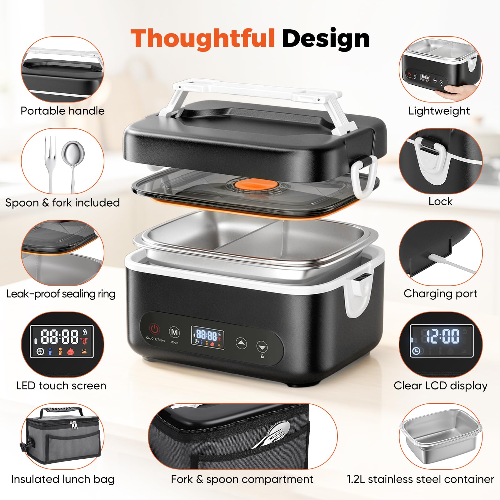 Scaldavivande Elettrico Portatile, 1,2L Porta Pranzo Riscaldabile con Touch Screen, Scalda Vivande Portatile Elettrico con Stoviglie in Acciaio Inossidabile e Borsa Termica per Auto Ufficio