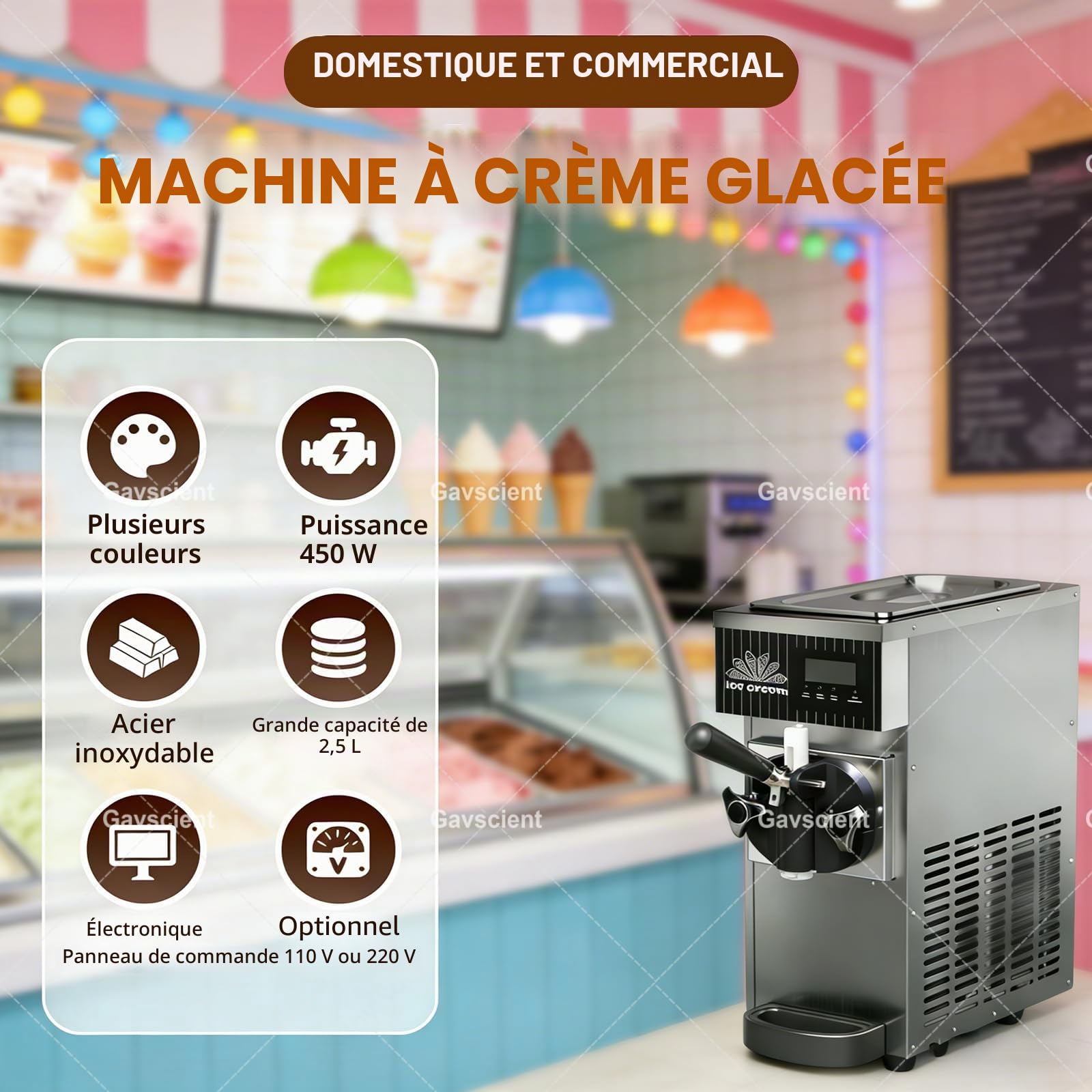 Machine à Glace Italienne pour Usage Domestique et Commercial, sorbetière/yaourtière glacée de comptoir d'une capacité de 4 à 5 kg/h, avec Panneau LCD Silver-750w