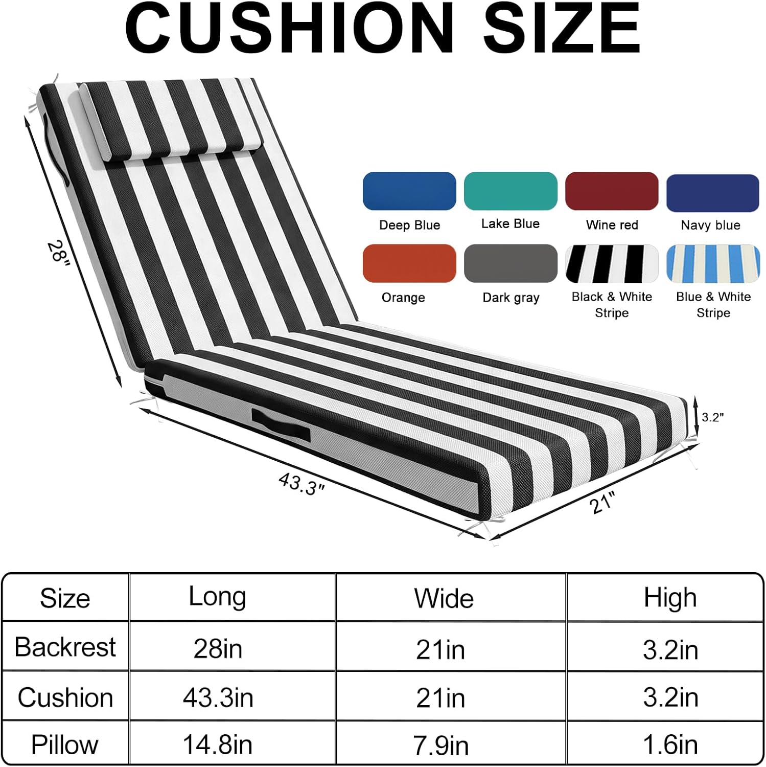 Chaise Lounge Cushions Outdoor, 71x21 Inch Olefin Water&Fade Resistant Lounge Chair Cushion, Patio Sun Lounger Pad Replacement with Headrest & Ties for Patio, Pool, Deck, Lawn, Black & White Stripes