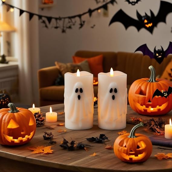 Eldnacele Halloween Ghost Flameless LED Pillar Candles with Remote Timer