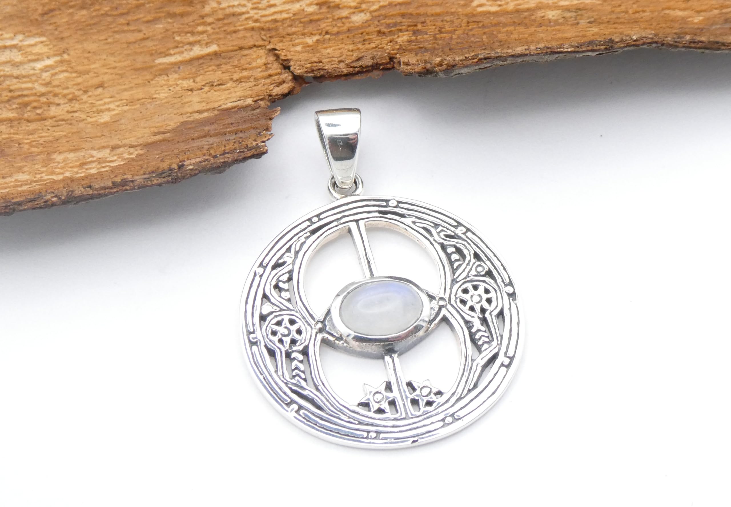 Avalon Anhänger mit Mondstein, 925 Sterlingsilber, Ø 2,4 cm, inkl. Textilband 45 cm, Damen Schmuck
