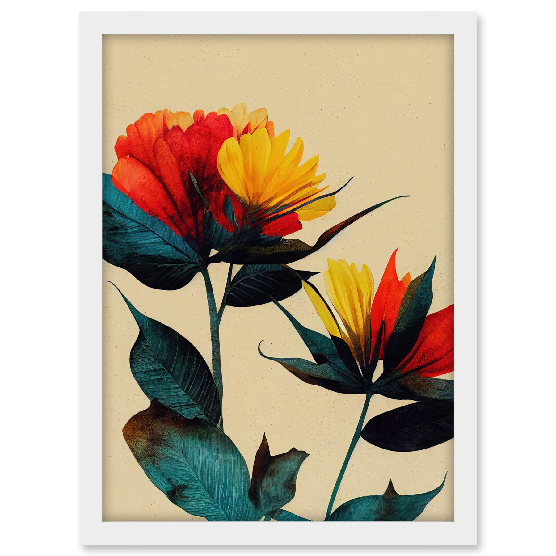 Wee Blue Coo Botanical Bold Flowering Yellow Red Teal Artwork Framed A3 Wall Art Print
